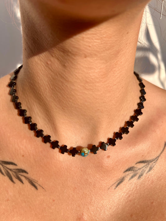 BLACK ONYX HEMATITE TURQUOISE AND PYRITE NECKLACE