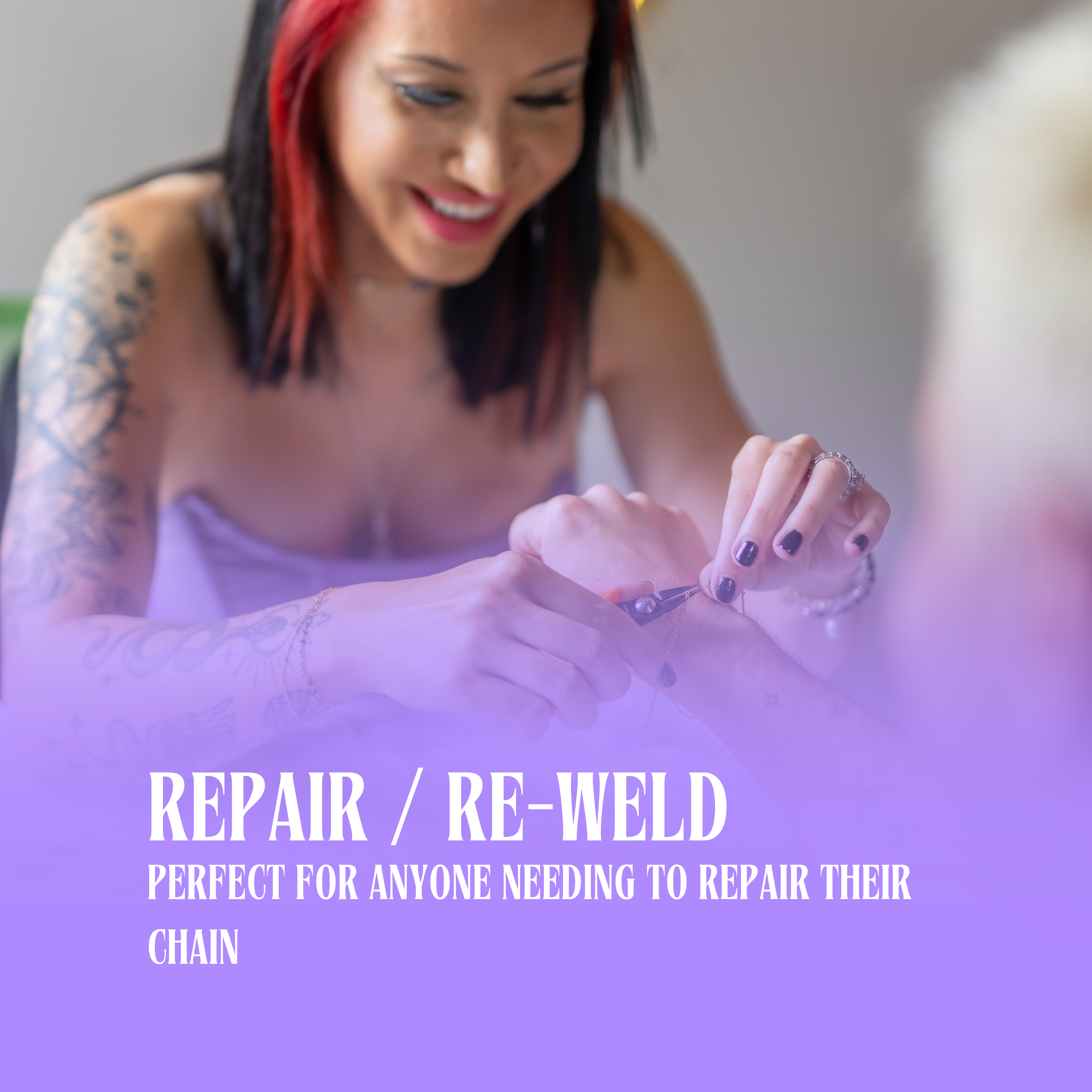 Woman with tattoos holding a hand, with text overlay 'Repair / Re-weld' on a purple background.