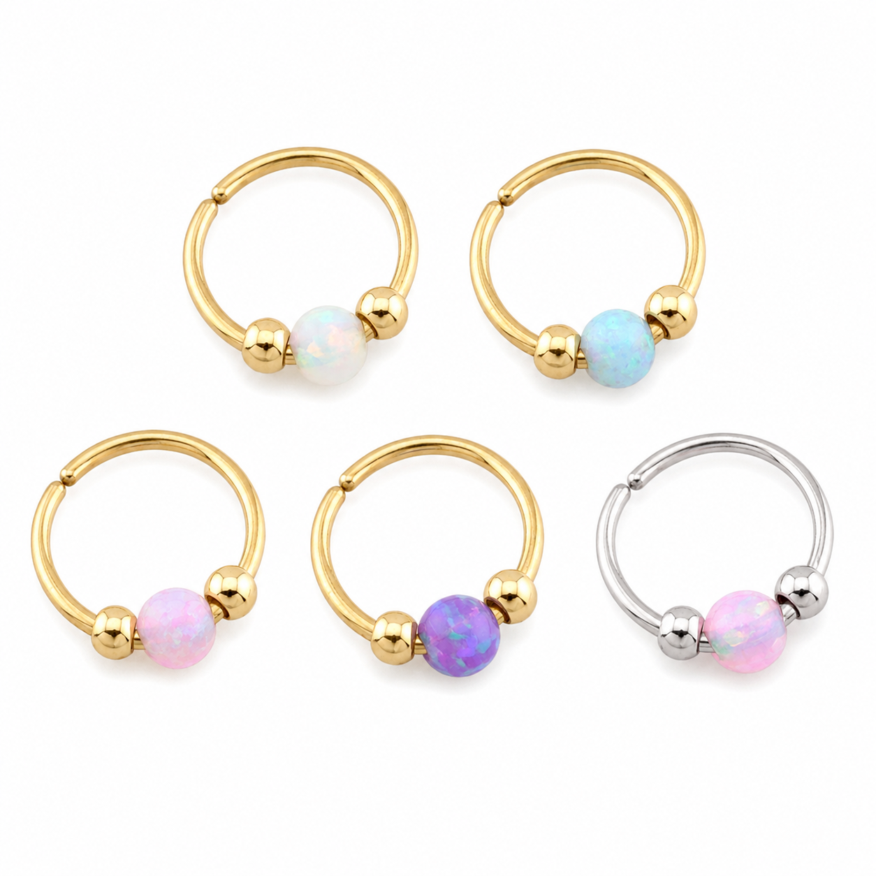 Five small hoop nose piercings with opal-like beads are shown on a plain white background. Four are gold-toned and one is silver-toned; each has a bead in a different color (white, light blue, pink, purple) and a small gold bead next to it.