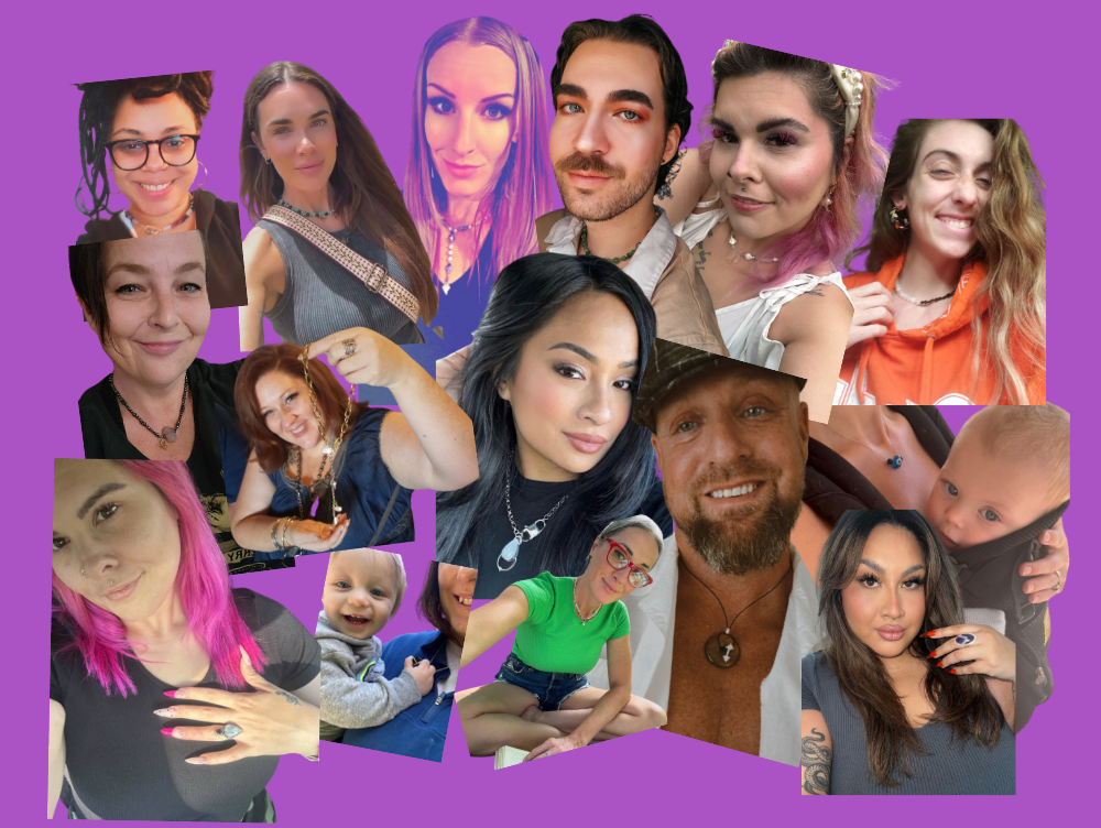 Collage of various people on a purple background