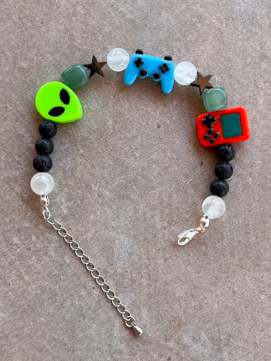 GAMER BRACELET WITH SELENITE GREEN AVENTURINE ALIENS VOLCANO STONE AND HEMATITE