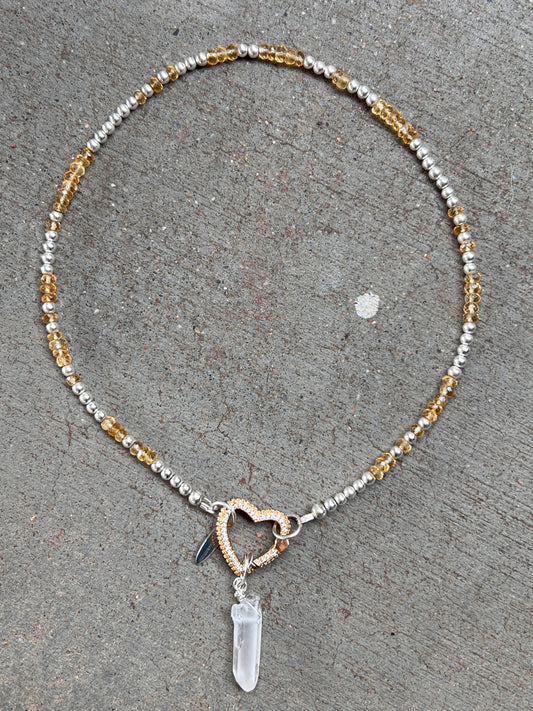 HEMATITE CITRINE NECKLACE CLEAR QUARTZ STERLING SILVER