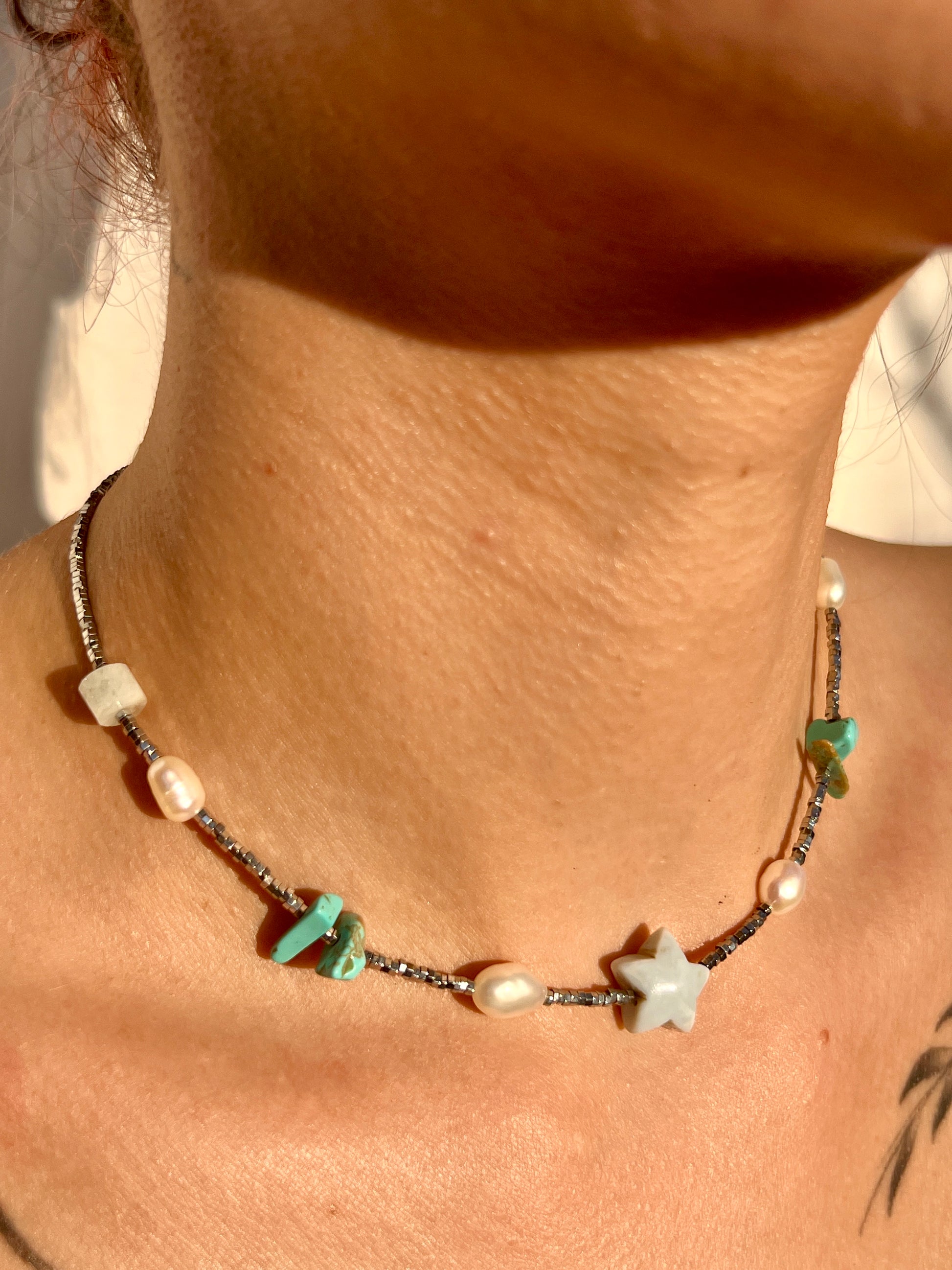 PEARL OPAL HEMATITE TURQUOISE NECKLACE