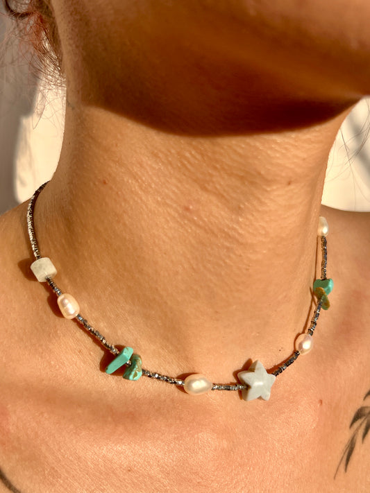 PEARL OPAL HEMATITE TURQUOISE NECKLACE