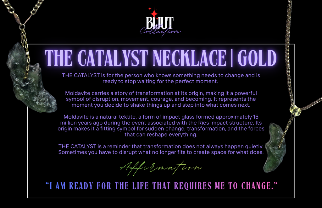 A promotional graphic for the BIJUT Collection 'The Catalyst Necklace | Gold', featuring two gold-toned necklaces with green stone pendants on a black background with glowing purple text and descriptive copy.