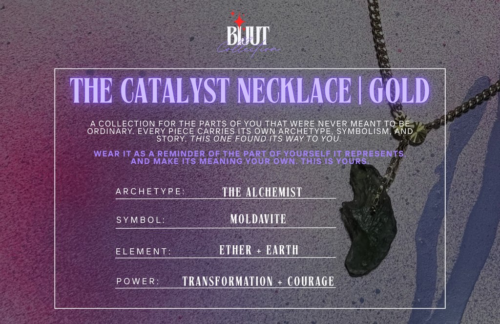 A promotional graphic for the BIJUT 'The Catalyst Necklace | Gold' collection, featuring a dark metallic pendant on a chain against a textured purple and pink background with text detailing the necklace's archetypes, symbol, element, and power.