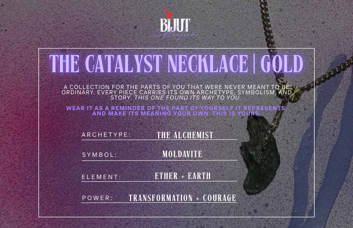 A promotional graphic for the BIJUT 'The Catalyst Necklace | Gold' collection, featuring a dark metallic pendant on a chain against a textured purple and pink background with text detailing the necklace's archetypes, symbol, element, and power.
