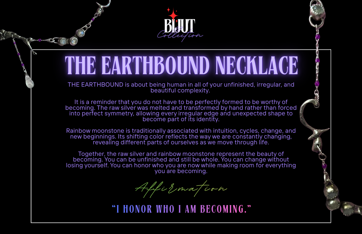 A promotional graphic for the BIJUT Collection 'The Earthbound Necklace' on a black background. The necklace is shown draped across the top and right side, featuring a raw silver circular pendant with a rainbow-colored stone in a bezel setting, suspended from a silver chain with matching beads.