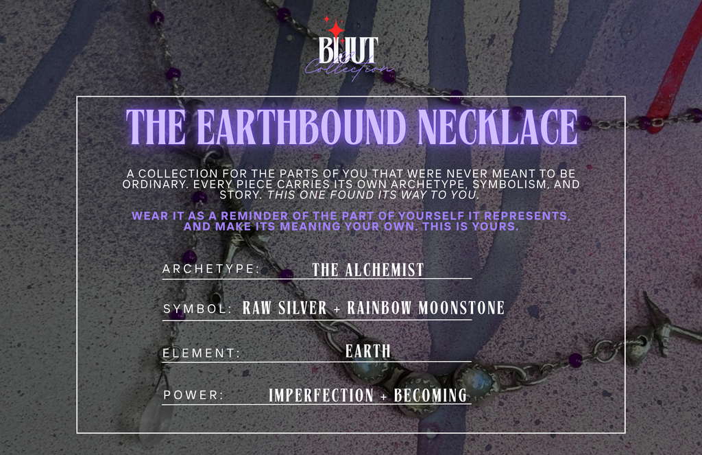 A graphic card for 'The Earthbound Necklace' by BIJUT, showing a purple and white text box with product details over a dark, textured background with a chain and gemstone pendant.