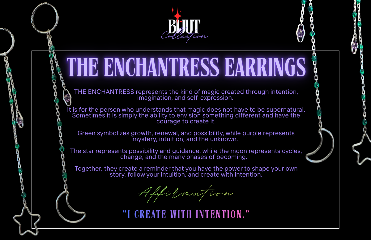A promotional graphic for the Enchantress Earrings by BIJUT Collection, featuring a black background with glowing purple text, a quote about magic and intention, and several dangling earrings with crescent moon, star, and heart charms on chains.