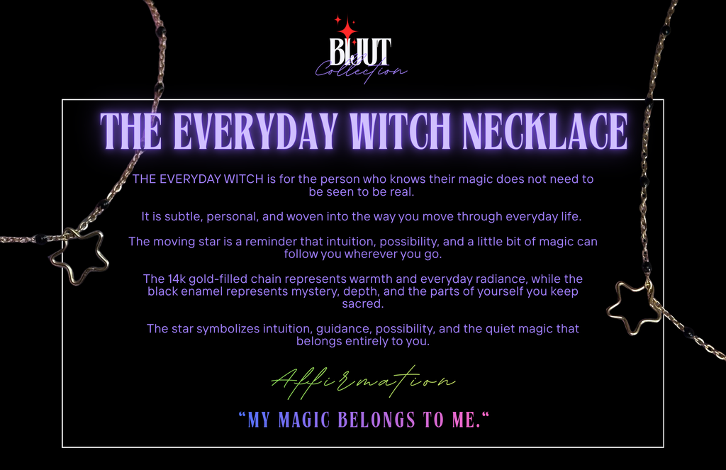 A promotional graphic for a BIJUT Collection affirmation necklace titled 'The Everyday Witch Necklace.' The design shows a black background with glowing purple text, a gold chain forming a square border, and a star pendant hanging on the left side.