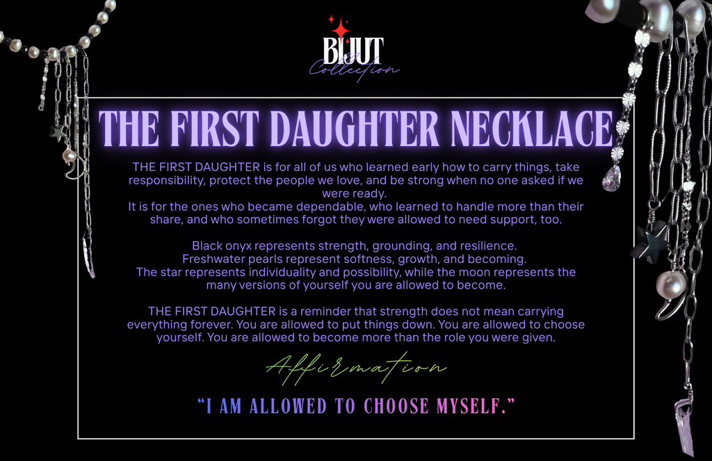 A product graphic for a 'The First Daughter Necklace' featuring a black background with a central white-bordered text box containing product description and quote. The necklace design is described as black onyx with a white star and moon pendant, flanked by silver beaded chains hanging from the top corners.