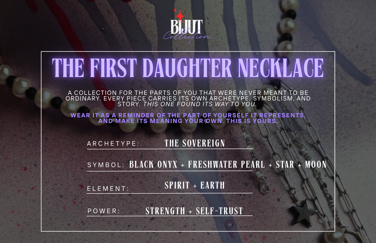 A graphic card for 'The First Daughter Necklace' from the brand 'BIJUT Collection', displaying product details, archetypes, symbols, and meanings over a dark, moody background with a necklace and beads.