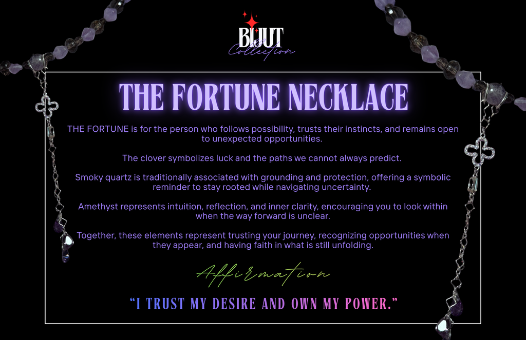 A promotional graphic for the 'The Fortune Necklace' by BIJUT Collection, featuring a black background with purple and lavender beads, clover charms, and descriptive text detailing the meanings of the elements.