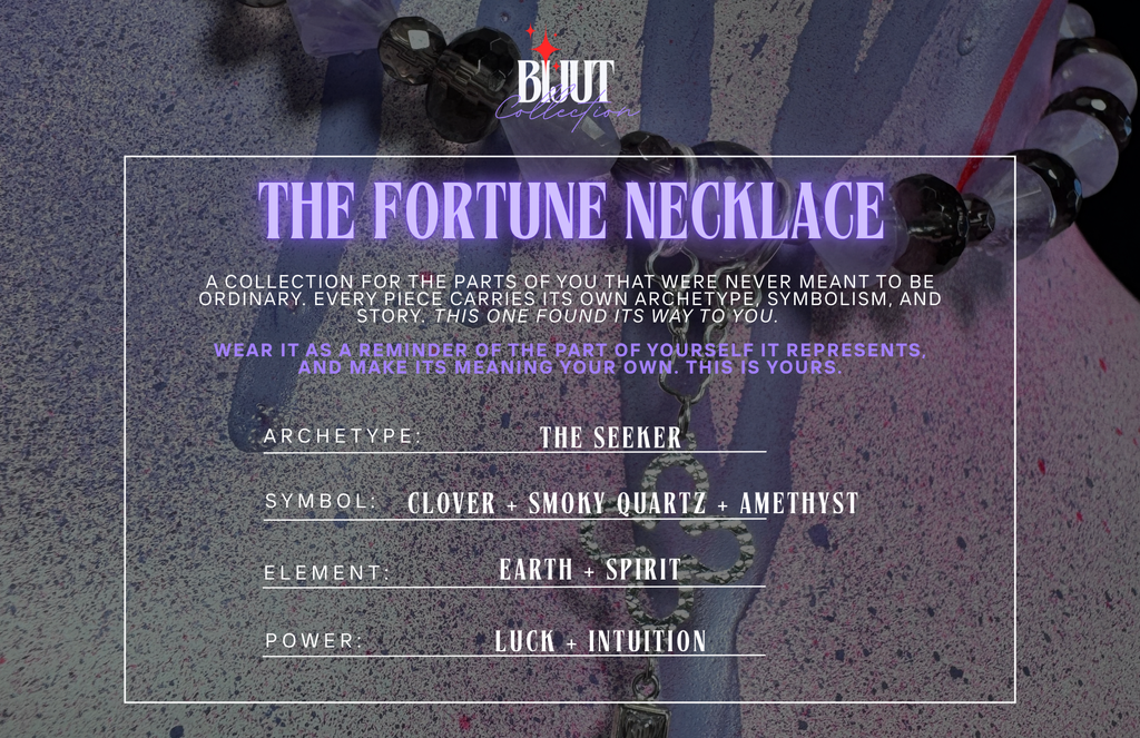 A digital graphic displaying the 'The Fortune Necklace' by BIJUT. The graphic features a central white rectangular frame with purple and white text detailing the necklace's archetypes, symbols (clover, smoky quartz, amethyst), and meanings, set against a dark, textured background showing a close-up of the necklace's metallic parts.
