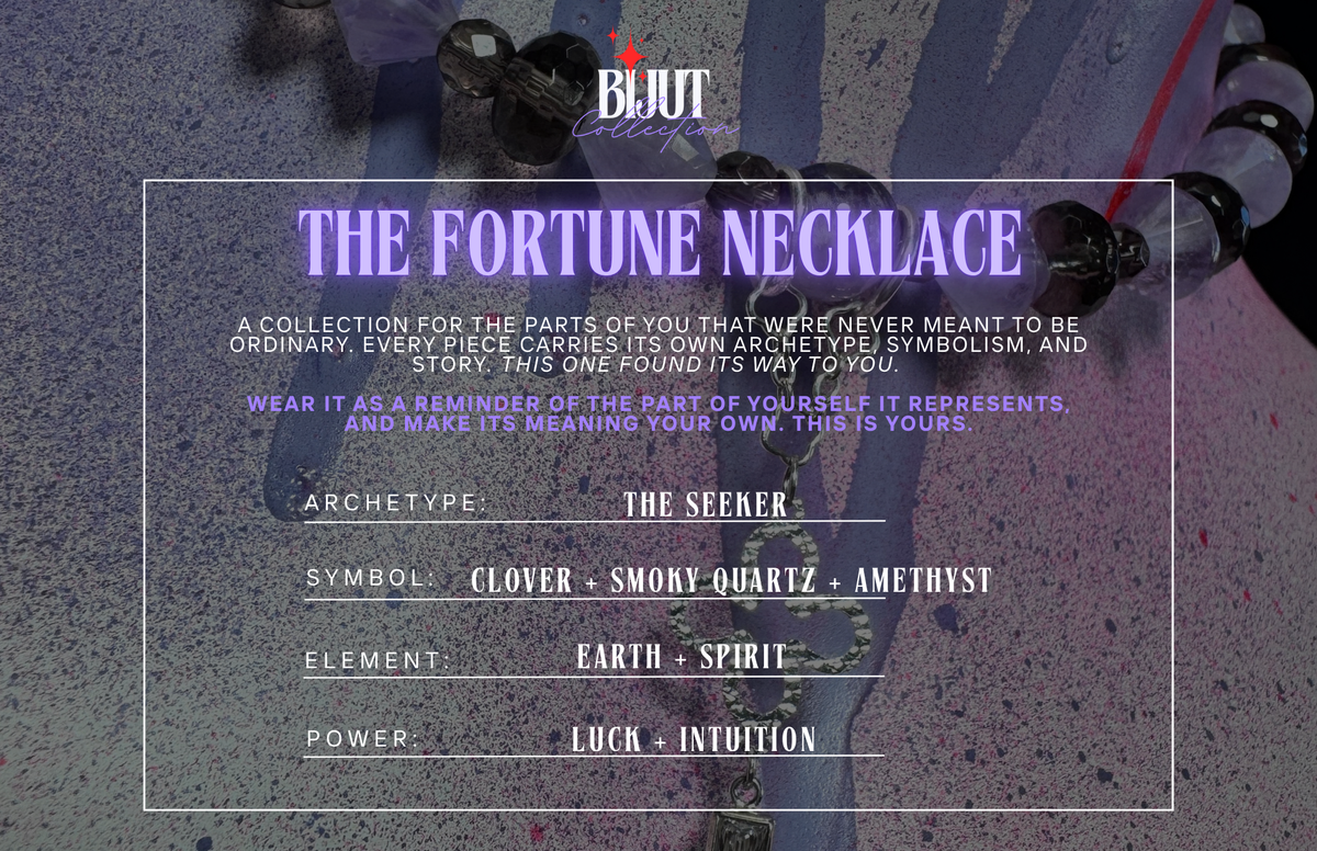 A digital graphic displaying the 'The Fortune Necklace' by BIJUT. The graphic features a central white rectangular frame with purple and white text detailing the necklace's archetypes, symbols (clover, smoky quartz, amethyst), and meanings, set against a dark, textured background showing a close-up of the necklace's metallic parts.