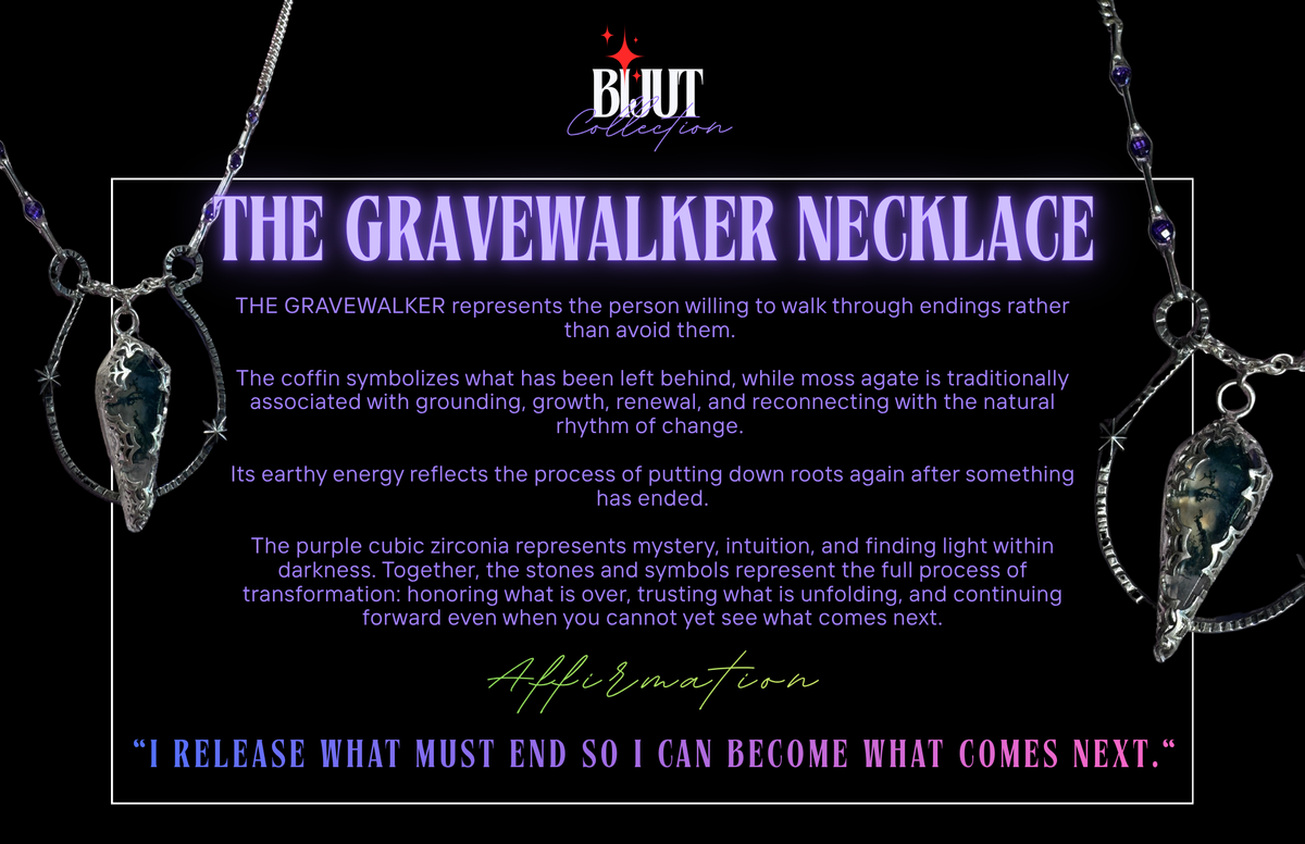 A promotional graphic for the BIJUT Collection 'The Gravewalker Necklace' on a black background. The necklace has a silver-toned chain and a teardrop-shaped pendant with a dark, cloudy stone and purple cubic zirconia accents.