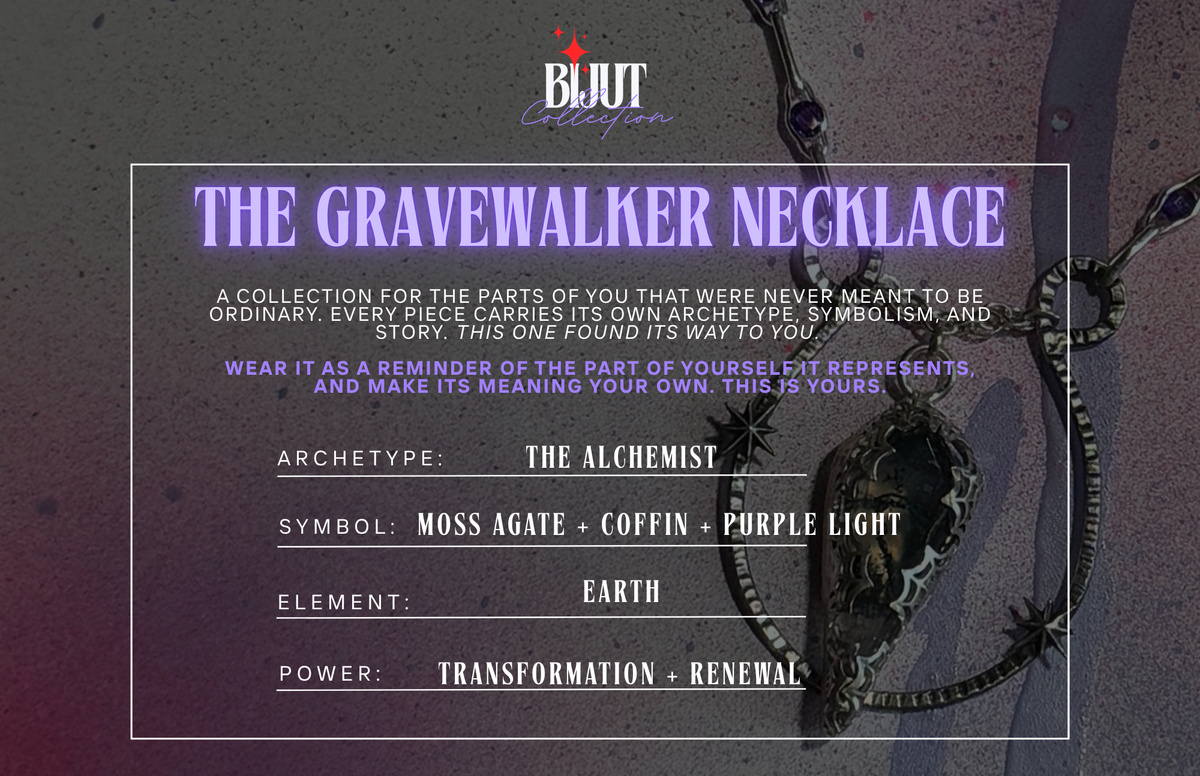 A promotional graphic for the BJUT Collection's 'The Gravewalker Necklace'. The image features a dark, textured background with a gothic-style illustration of a skull wearing a chain and a dark metal alchemy key.