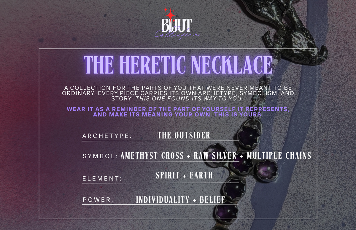 A promotional graphic for the BIJUT Collection 'The Heretic Necklace' featuring a dark purple and gray textured background with a white border frame, text detailing the necklace's archetypes, symbols, and meanings, and a close-up of a dark amethyst cross in the lower right.