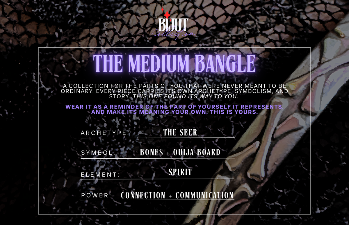 A graphic card for the BIJUT 'The Medium Bangle' collection, featuring a central white text box with purple lettering on a dark, textured background with abstract marbled patterns.