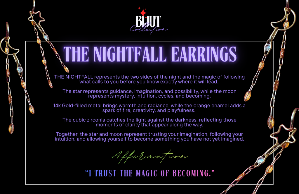 A promotional graphic for BIJUT Collection's 'The Nightfall Earrings' on a black background. The earrings are shown hanging from chains on both sides, featuring gold-toned metal, orange enamel, and clear cubic zirconia stones.