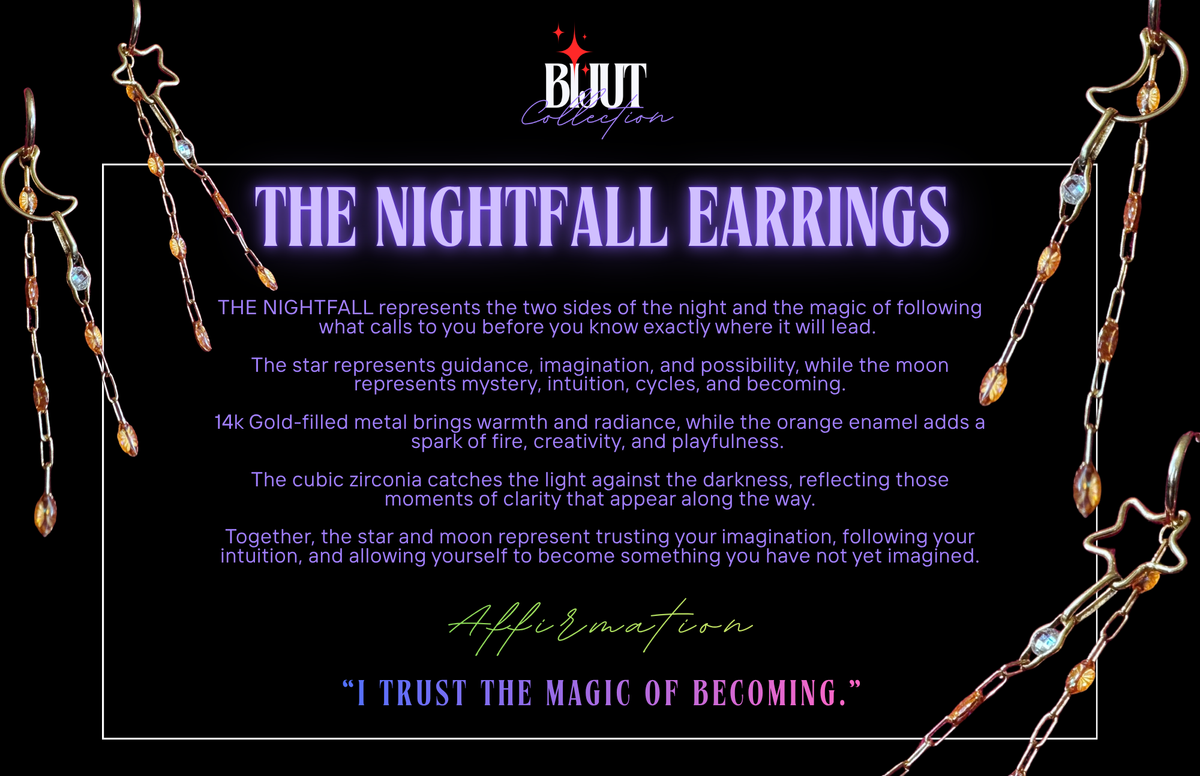 A promotional graphic for BIJUT Collection's 'The Nightfall Earrings' on a black background. The earrings are shown hanging from chains on both sides, featuring gold-toned metal, orange enamel, and clear cubic zirconia stones.