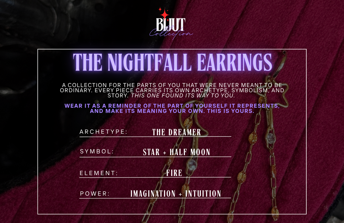 A promotional graphic for the Bijut Collection 'The Nightfall Earrings' set against a dark red textured fabric background. The graphic features white and purple text detailing the earring's archetypes, symbols (star and half moon), and elemental connection to fire.