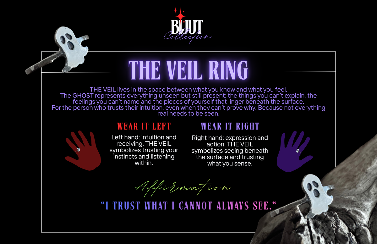 A square promotional graphic for the Bluet Affair 'The Veil Ring' affirmation. The design features a black background with glowing purple text, white ghost illustrations, red and purple handprint graphics, and a gothic-style skull in the bottom right corner.