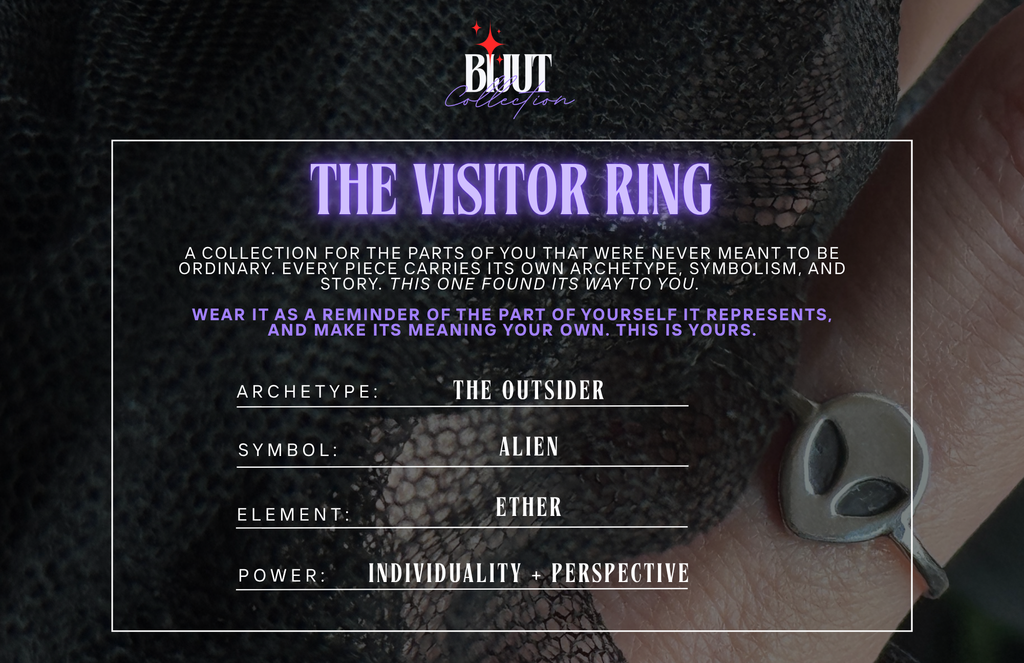 A close-up promotional graphic for the BIJUT Collection 'The Visitor Ring' showing a silver-toned ring with an alien-shaped cutout worn on a wrist, set against dark textured fabric and overlaid with descriptive text about the collection.