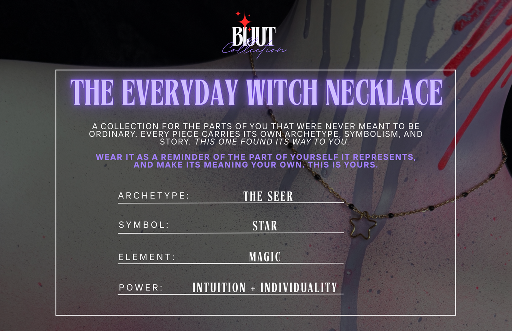 A promotional graphic for the 'The Everyday Witch Necklace' collection by BIJUT Collection, featuring a necklace with a star charm on a dark, mystical background with purple text overlays and white borders.