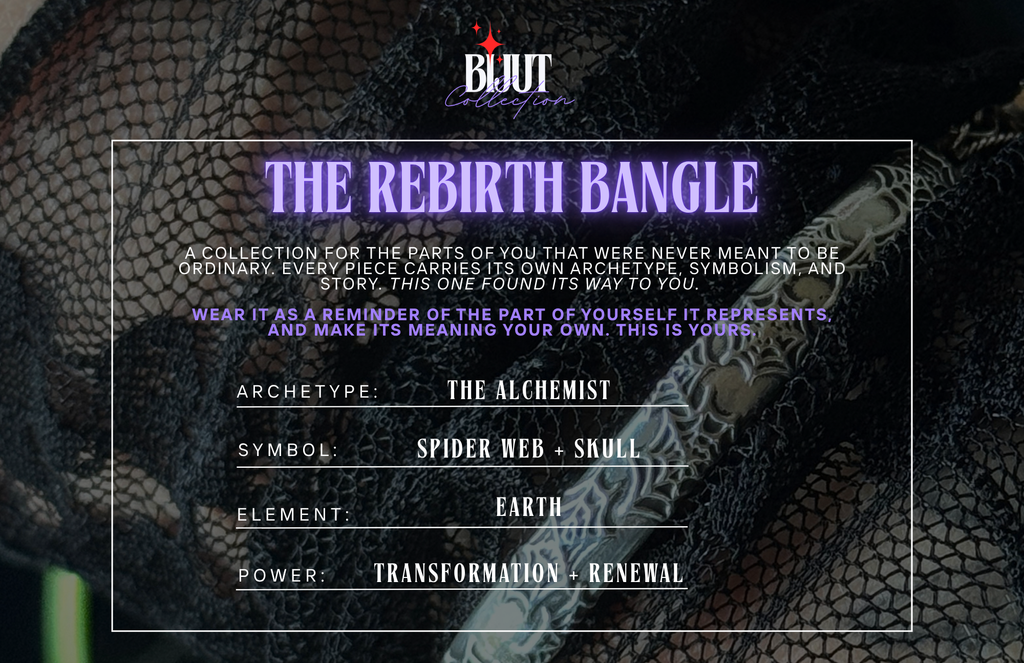 A promotional graphic for the BIJUT Collection's 'The Rebirth Bangle'. The design features a black spiderweb and skull pattern background with purple text detailing the bangle's archetypes, symbols, element, and power.