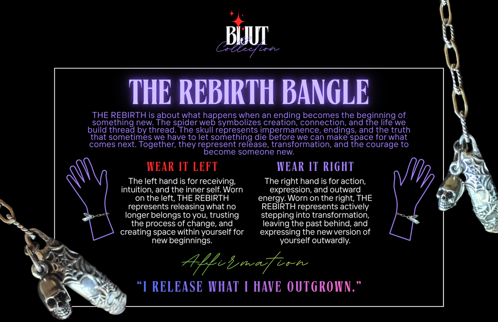 A black square graphic with a central white-bordered text panel titled 'THE REBIRTH BANGLE' in glowing purple lettering. The panel contains explanatory copy about release and transformation, with hand illustrations and a silver-toned bangle shown at the bottom center.