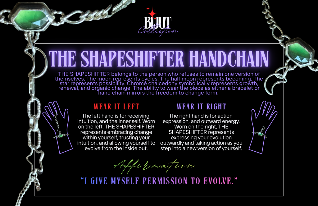 A promotional graphic for the Shapeshifter Handchain by BIJUT Collection, featuring a black background with glowing purple text, silver chain links, and two illustrated hands showing left and right wear. The text explains the handchain's meanings for the moon phases and includes the affirmation 'I Give Myself Permission to Evolve.