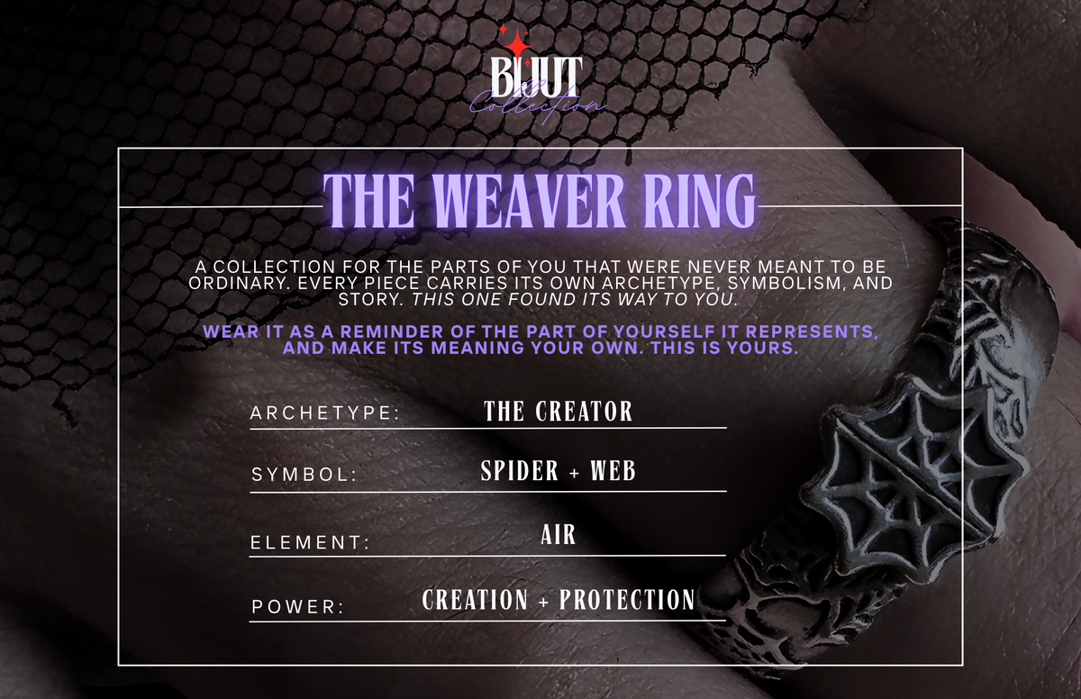 A gothic-themed promotional graphic for the 'The Weaver Ring' by the brand BIJUT. The image features a close-up of a hand wearing a black spiderweb-patterned ring, set against a dark textured background with a central white-bordered text box detailing the archetypes, symbol, element, and power of the ring.