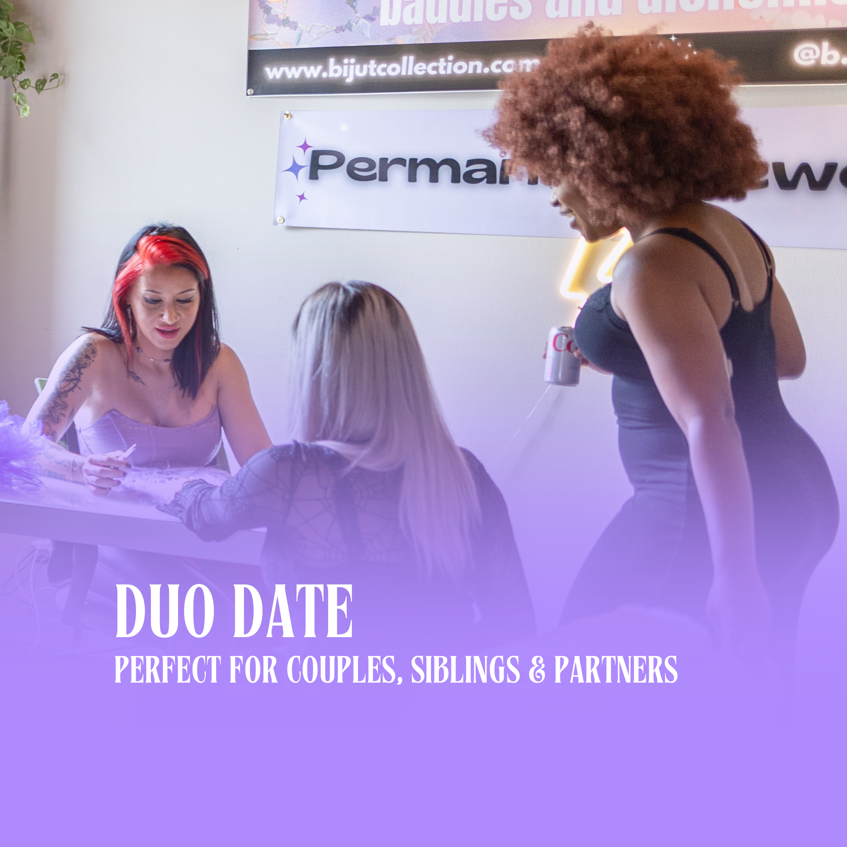 Three women sitting together with promotional text about a 'Duo Date' event.