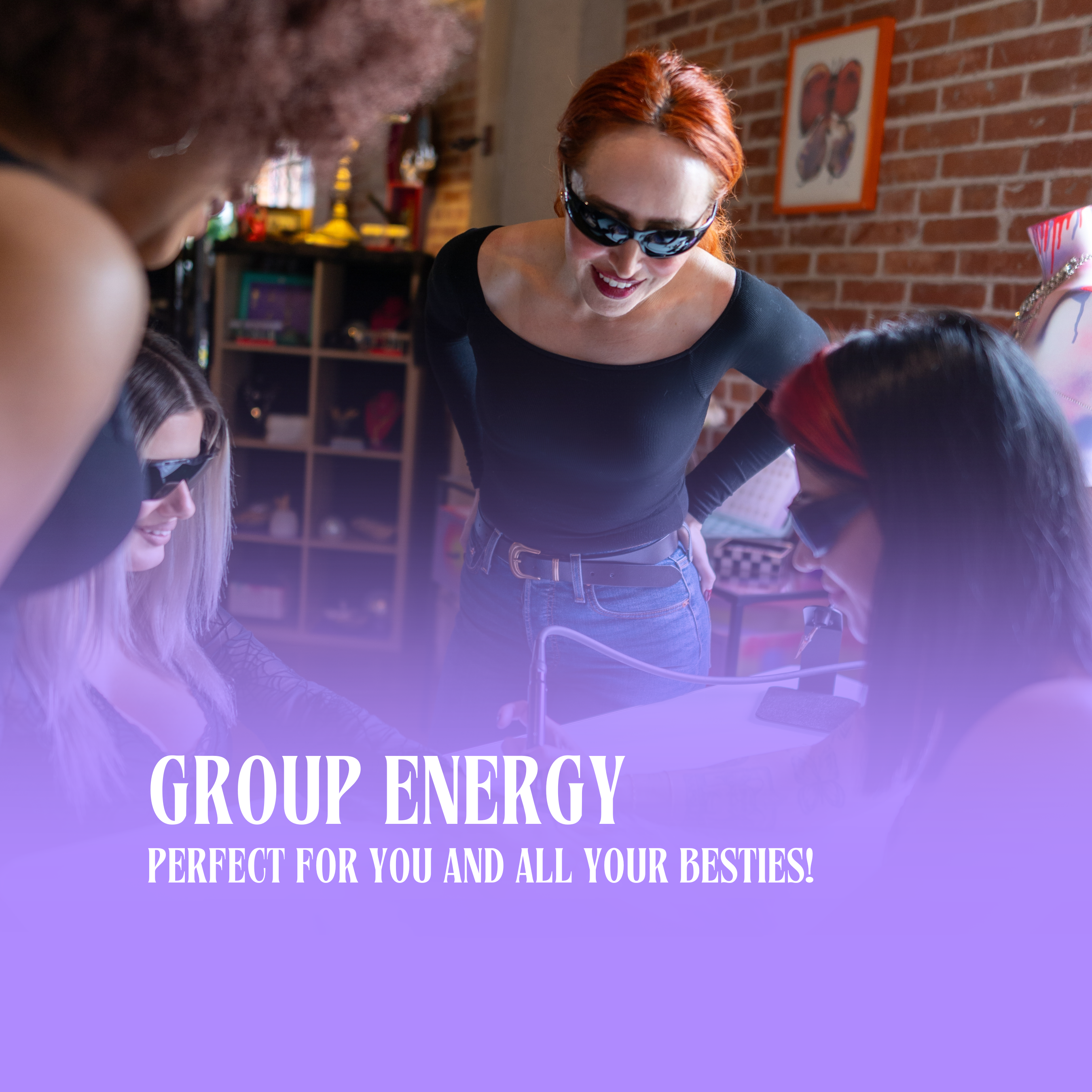 Woman with red hair and sunglasses interacting with others in a casual setting with text 'GROUP ENERGY PERFECT FOR YOU AND ALL YOUR BESTIES!'.