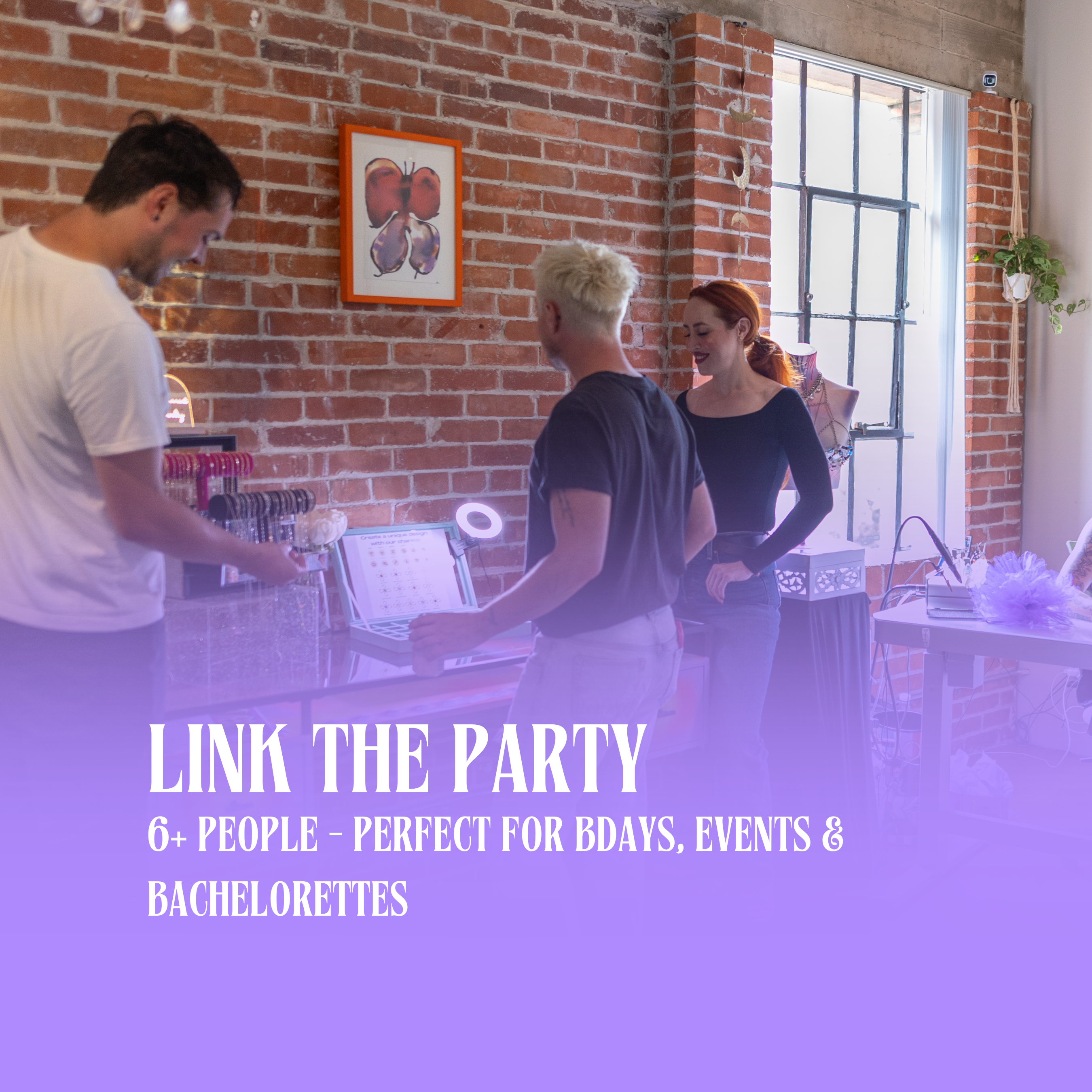 People standing around a counter with a brick wall and window in the background, featuring text about party planning.