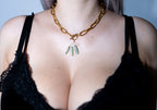 Person wearing a gold chain necklace with pendant in front of a blurred background