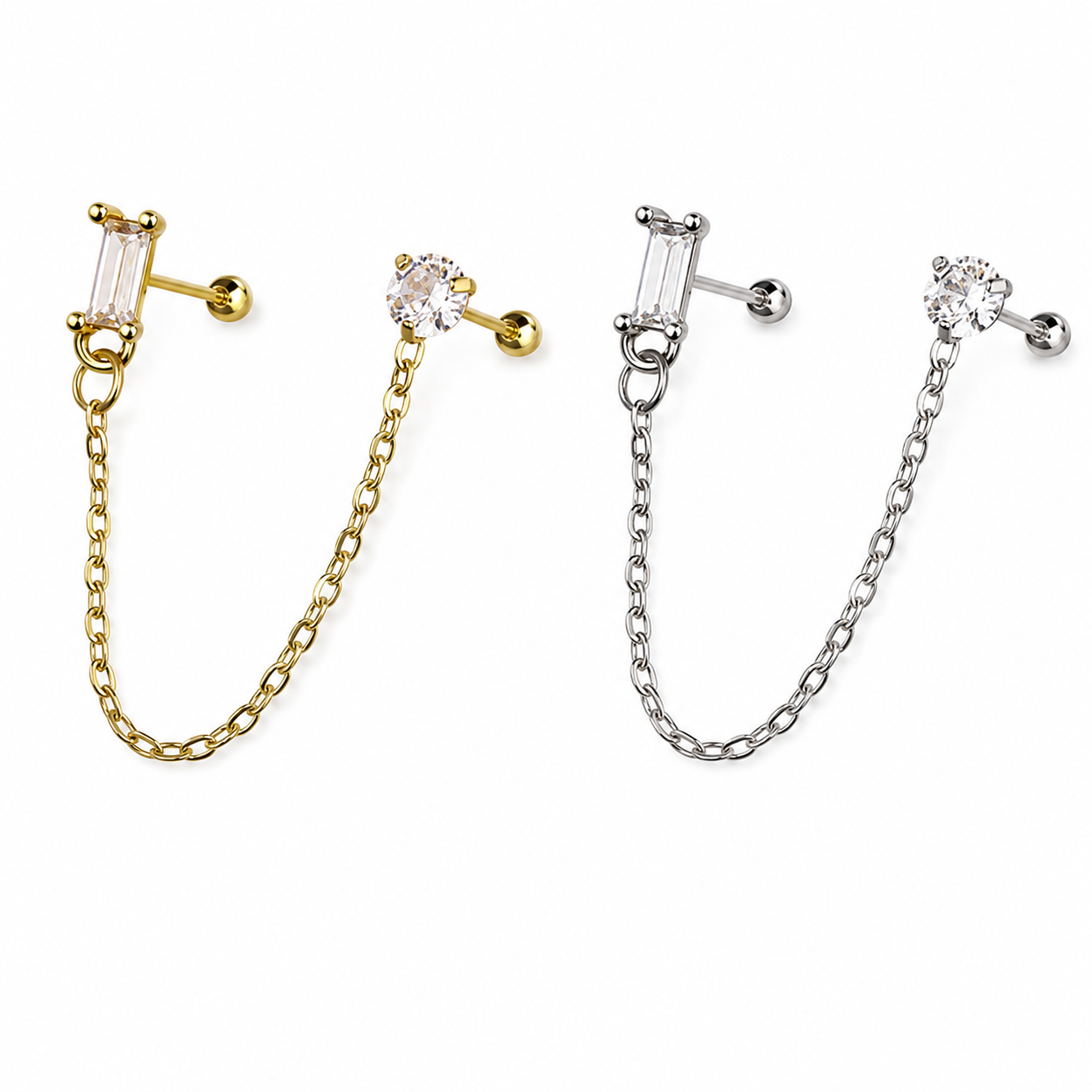 Two matching ear cuff earrings with chain links, shown side by side on a plain white background. The left earring is gold-toned with a clear baguette stone and a round clear stone, while the right earring is silver-toned with the same clear stones.