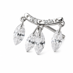 A silver-toned post piercing stud earring featuring a curved bar set with small clear stones and three dangling marquise-cut clear crystals, shown on a plain white background.