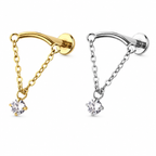 Two curved barbell ear piercings with hanging chain and clear gemstone dangles, shown side by side on a white background. One is gold-toned and one is silver-toned.