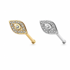 Two eye-shaped stud earrings on a white background, one in yellow gold and one in silver, both set with small clear stones around a central round stone.