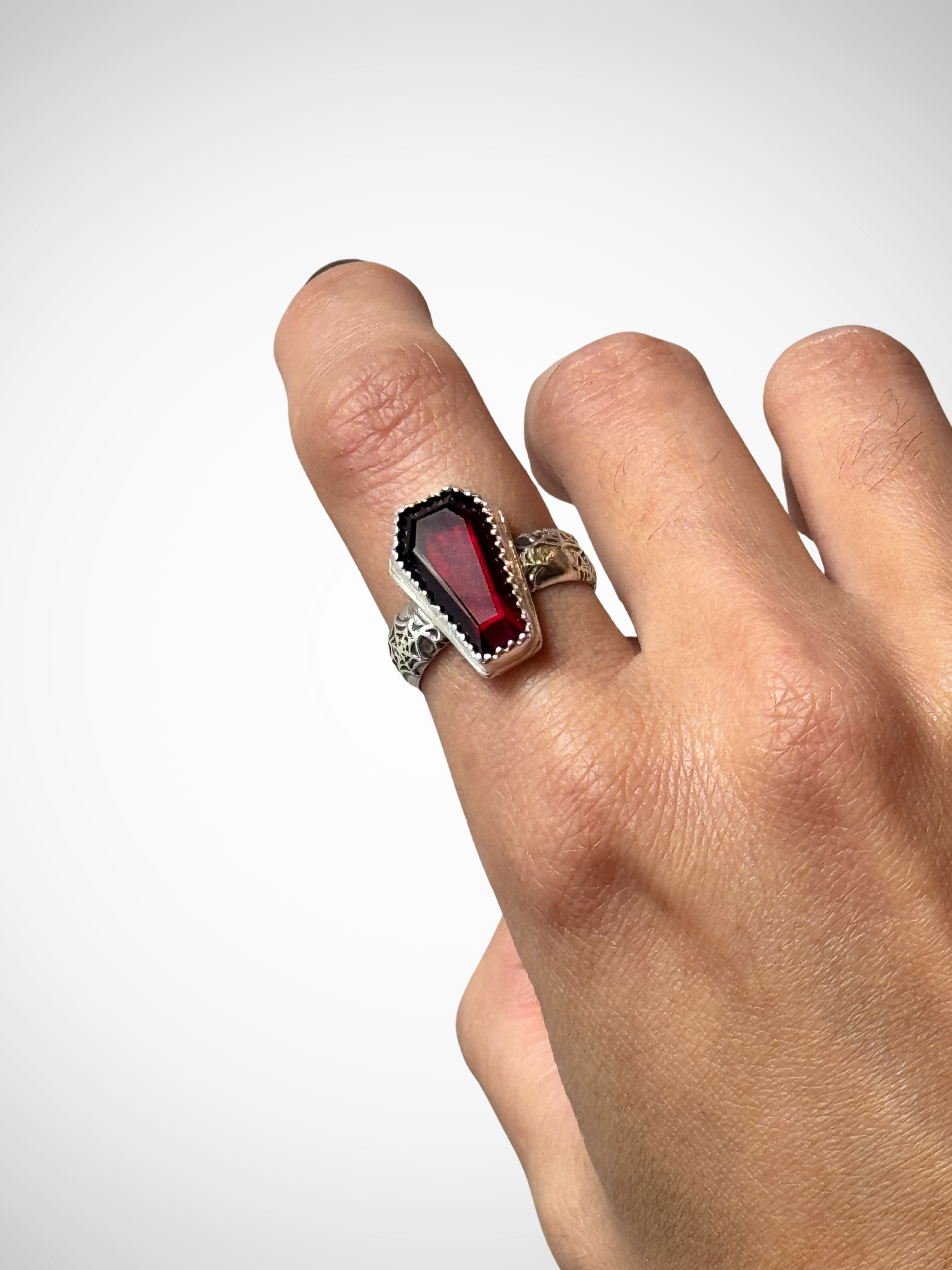 Hand wearing a ring with a red gemstone on a white background