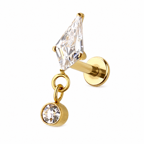 Gold-plated cartilage piercing stud with a large triangular clear crystal and a dangling round clear crystal charm, shown on a white background.