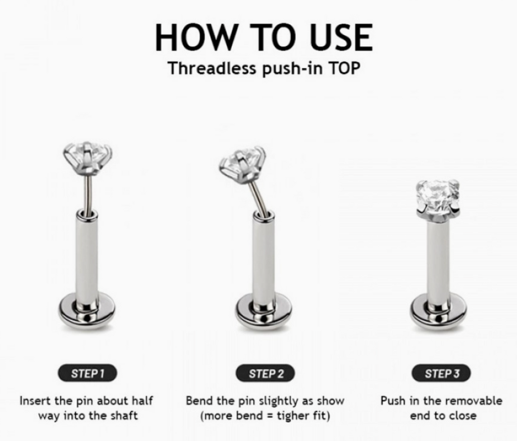Instructional graphic titled 'HOW TO USE Threadless push-in TOP' showing three labeled steps with a silver-colored labret-style piercing pin on a white background.