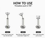 Instructional graphic titled 'HOW TO USE Threadless push-in TOP' showing three labeled steps with a silver-colored labret-style piercing pin on a white background.