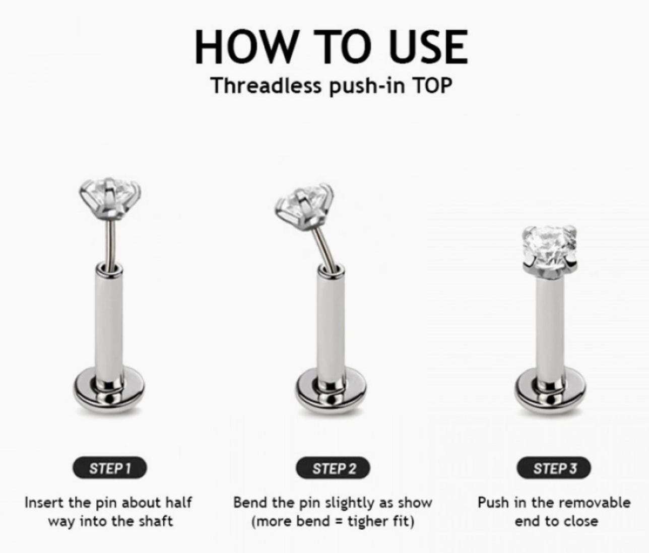 Instructional graphic titled 'HOW TO USE Threadless push-in TOP' showing three labeled steps with a silver-colored labret-style piercing pin on a white background.