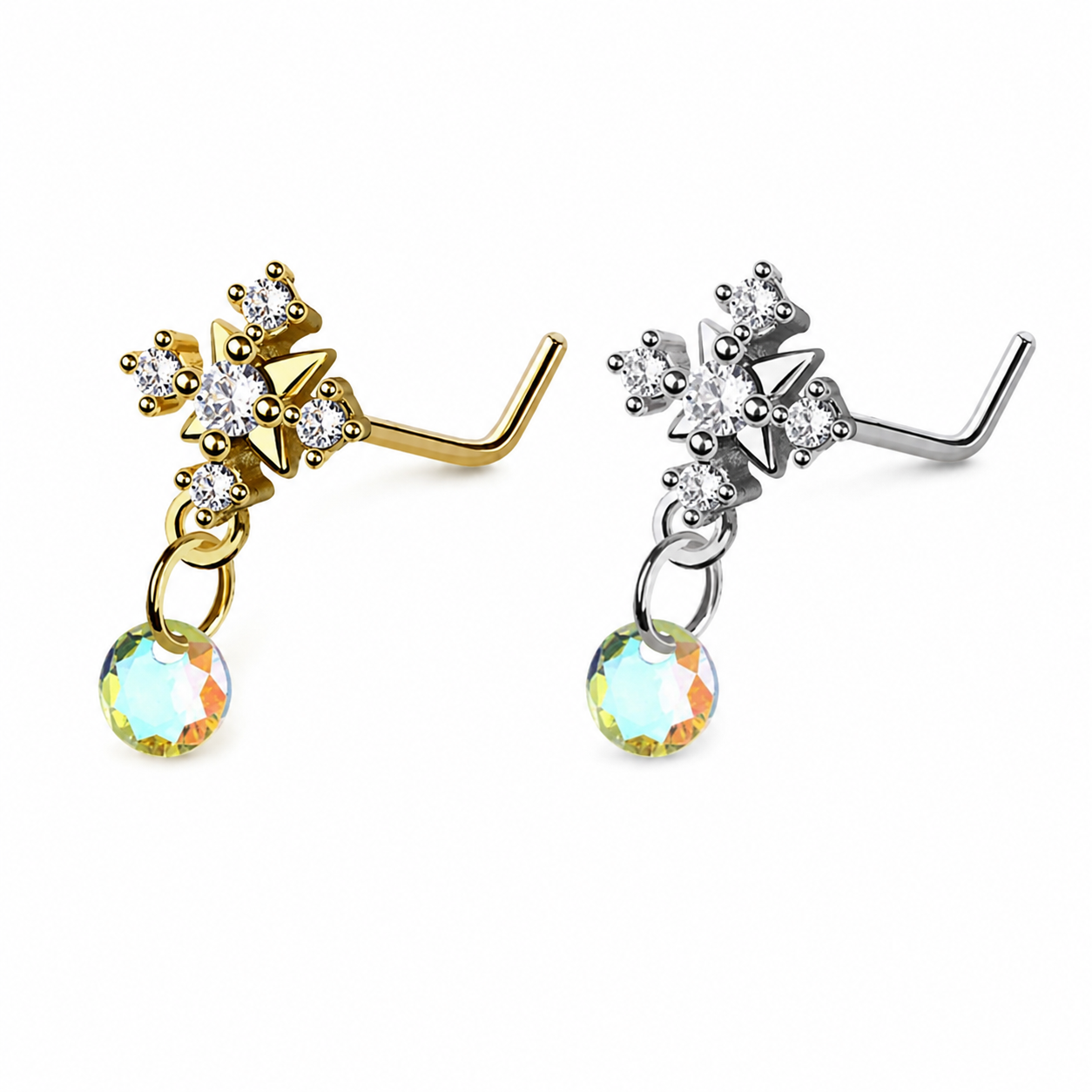Two snowflake-shaped nose piercings with dangling iridescent crystal drops, shown side by side on a white background. One earring is gold-toned and the other is silver-toned, both featuring clear crystal details.