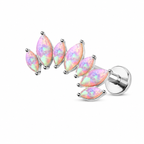 A pair of silver-toned labret earrings featuring a cluster of marquise-shaped opal stones with a soft pink, peach, and blue iridescent play-of-color, set against a plain white background.