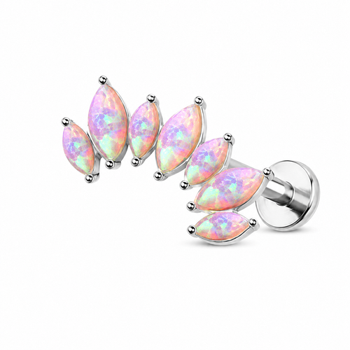 A pair of silver-toned labret earrings featuring a cluster of marquise-shaped opal stones with a soft pink, peach, and blue iridescent play-of-color, set against a plain white background.